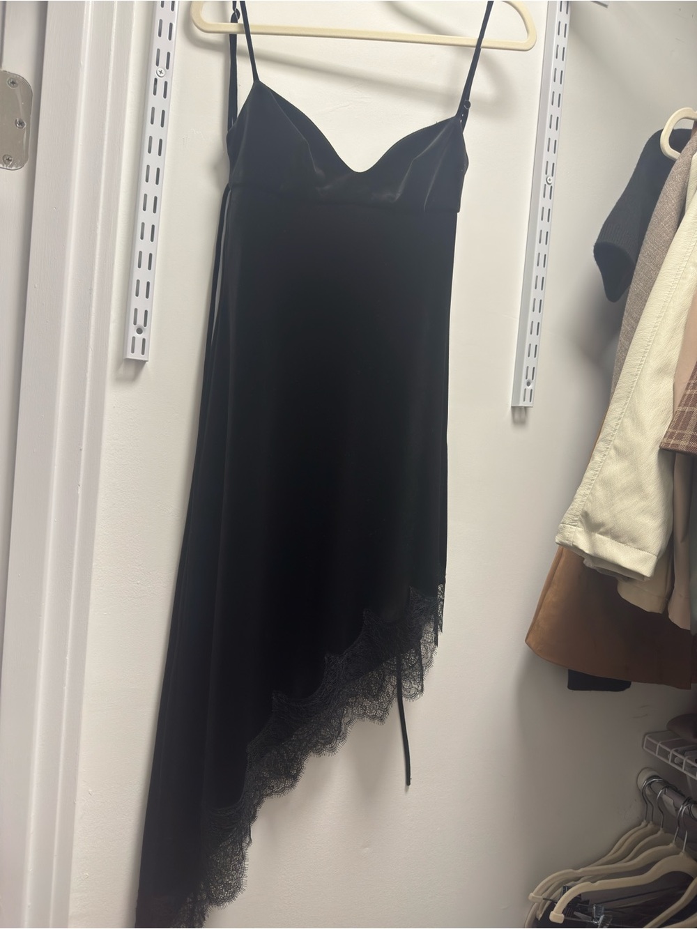 Zara Black Asymmetrical Slip Dress with Lace Hem